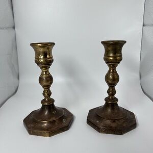 2 Vintage Brass Candle Stick Holders 5” Tall Ethan Allen aged brass gold